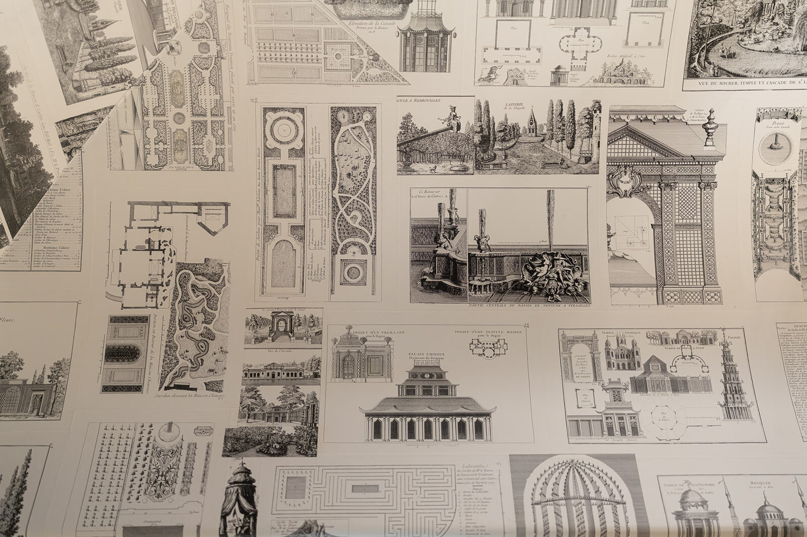 Detail of the engraved architectural-print wallcovering